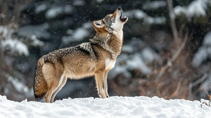 Naklejka premium Coyote Howling in Snowy Landscape During Winter Season