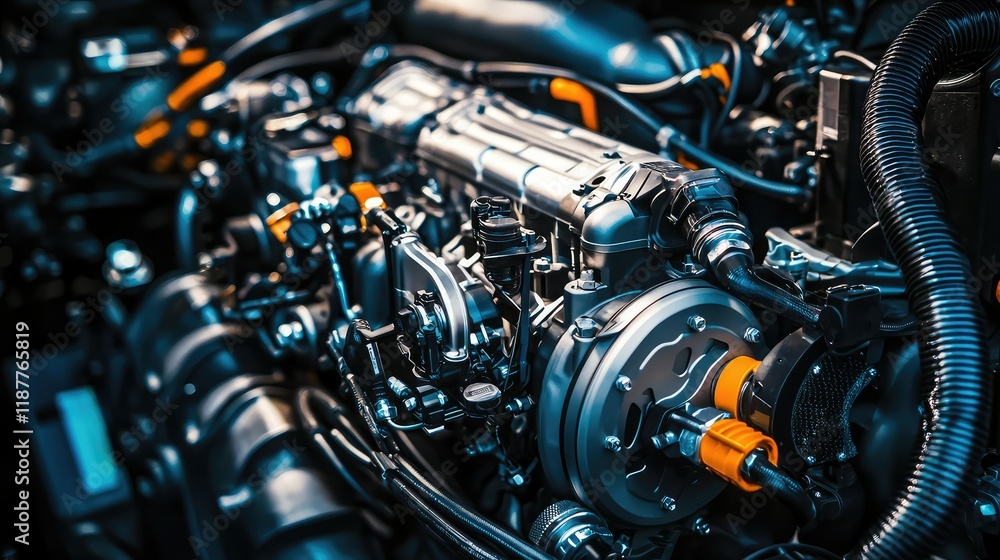 Poster close-up view of complex engine components and mechanical parts