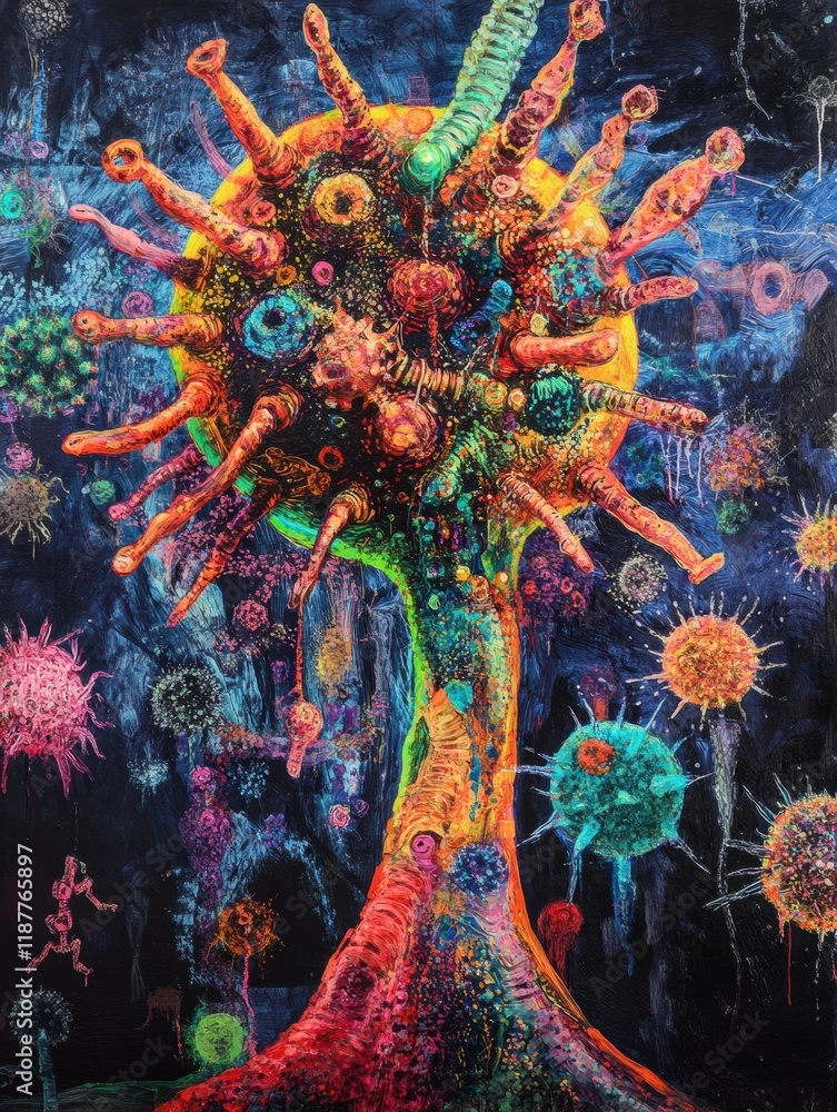 Poster vibrant depiction of a virus undergoing transformation and mutation amidst a colorful landscape of m