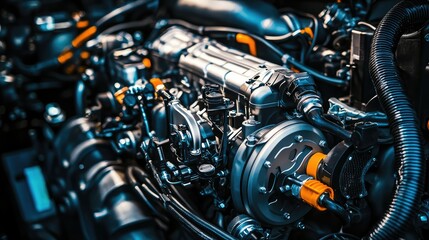 Fototapeta premium Close-up View of Complex Engine Components and Mechanical Parts
