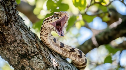 Fototapeta premium Venomous snake with open mouth on tree branch.