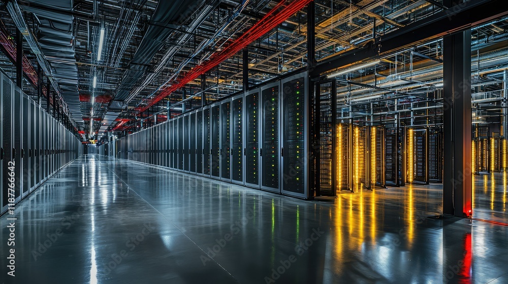 Poster modern data center with server racks and advanced technology