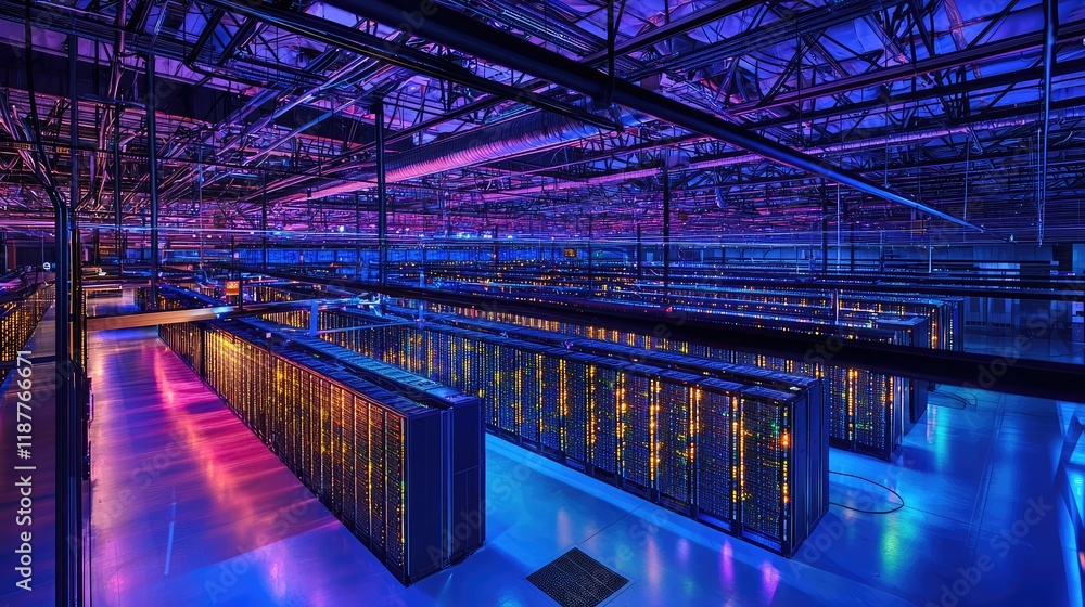Poster futuristic data center with colorful led lights and server racks
