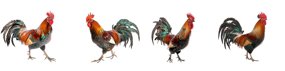 Fototapeta premium Four roosters are shown in a row, each with a different color