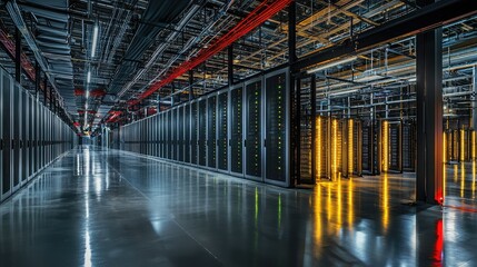Naklejka premium Modern Data Center with Server Racks and Advanced Technology