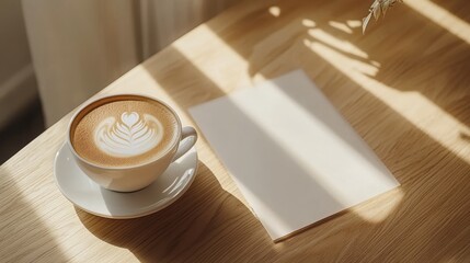 Latte art coffee cup and blank card on wooden table in sunlight.