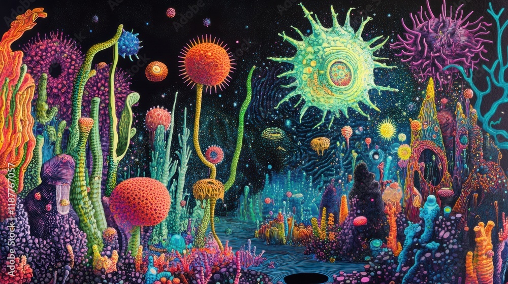 Aufkleber vibrant microscopic landscape filled with glowing viruses under a surreal light display. generative 