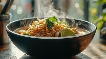 Freshly Served Hot Soup Bowl with Fresh Ingredients and Herbs