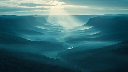 Fototapeta premium Misty sunrise over a deep valley and forest.