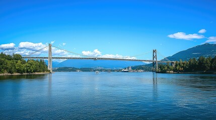 Obraz premium Scenic Bridge Over Water with Mountains and Blue Sky Background