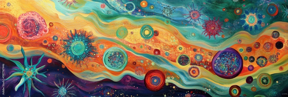 Poster Swirling depiction of bacteria and microbes in vibrant liquid environment showcasing dynamic movement and diversity. Generative AI