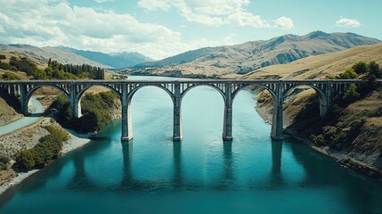 Aerial View of Vintage Bridge Over Serene Blue River Landscape