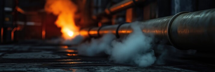 This image showcases a series of industrial pipes releasing steam, illuminated by warm lighting that creates an atmospheric environment with strong visual contrast.