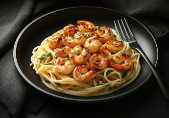 Fototapeta premium Delicious Shrimp Pasta Dish Served on Black Plate with Garlic Butter and Fresh Herbs, Garnished for a Mouthwatering Culinary Experience