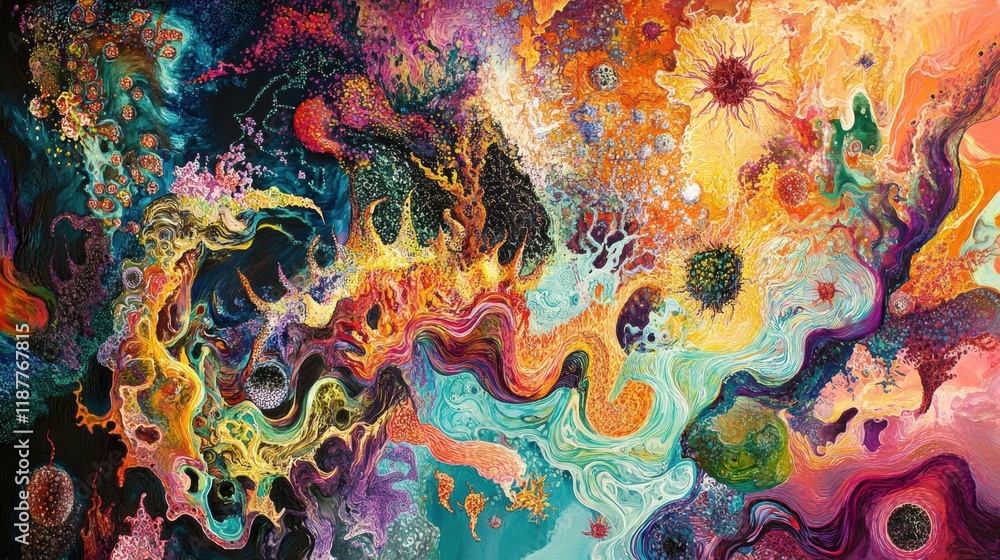 Poster visual representation of a virus transforming and mutating with vibrant colors and intricate pattern