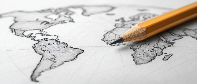 Pencil sketching world map; global travel planning