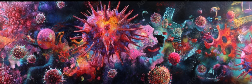 Poster virus transformation and mutation in a colorful microscopic environment representing dynamic biologi
