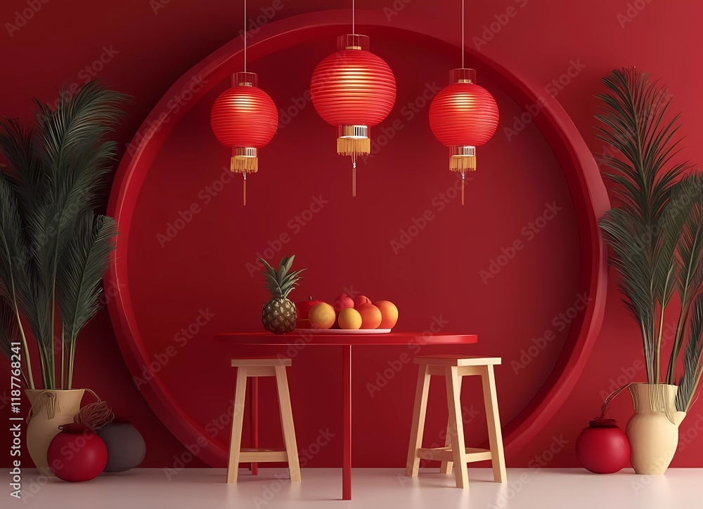 Poster 3d rendering, c4d, cartoon style, red background wall with a circular table and two barstools on the