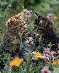 Three adorable kittens nestled amongst wildflowers.