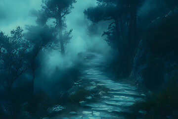 Obraz premium Eerie pathway through misty forest with dense trees and fog at twilight. Generative AI