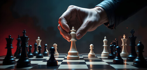 Powerful Hand Moving White Queen in High-Stakes Chess Game