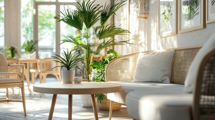 Obraz premium Cozy Bright Interior with Rattan Furniture and Indoor Plants