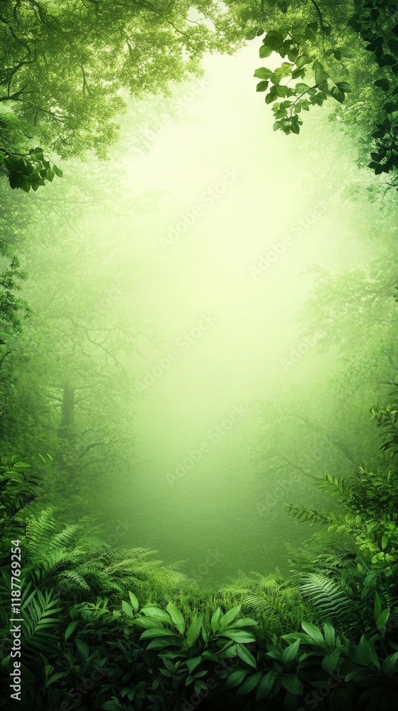 Poster lush green forest landscape with soft mist and abundant flora creating a serene and tranquil atmosph