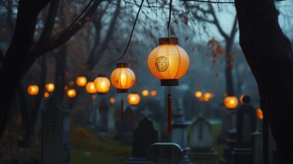 Use delicate lanterns and traditional Chinese symbols to create a harmonious and respectful New Year ambiance in the cemetery.