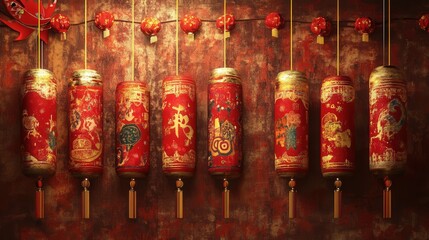 Fototapeta premium Window decals of firecrackers and festive banners with greetings.