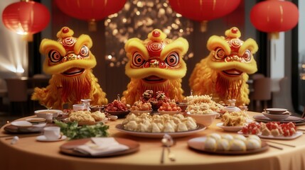 Chinese New Year set with gold lion dancers performing in the background, red paper lanterns hanging from the ceiling, and a lavish feast of dumplings, noodles