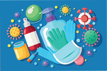 Pandemic prevention poster design, realistic 3D objects of masks, gloves, and hand sanitizers on clean background hmpv and covid virus Clipart Vector