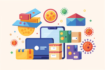 Online shopping animation with delivery boxes appearing, contactless payment icons, and floating hmpv and covid virus icons hmpv and covid virus Clipart Vector