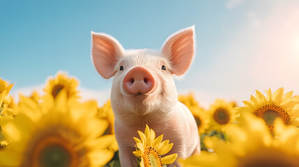 Picture of cute pig, pork, processed food, photograph or illustrator for advertising