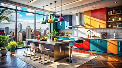 Fototapeta premium Modern Kitchen Interior Design in New York - Surreal Photography of Innovative Spaces, Creative Décor, and Unique Elements for Contemporary Living Environments