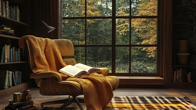 Cozy autumn reading nook with armchair, books, and forest view.