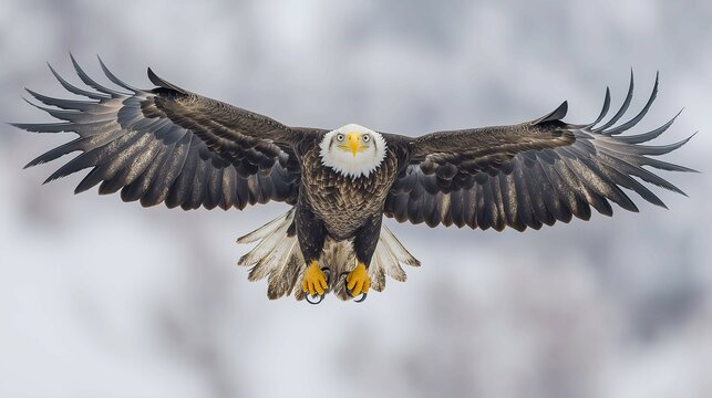 Majestic bald eagle soaring through the snowy sky with outstretched wings