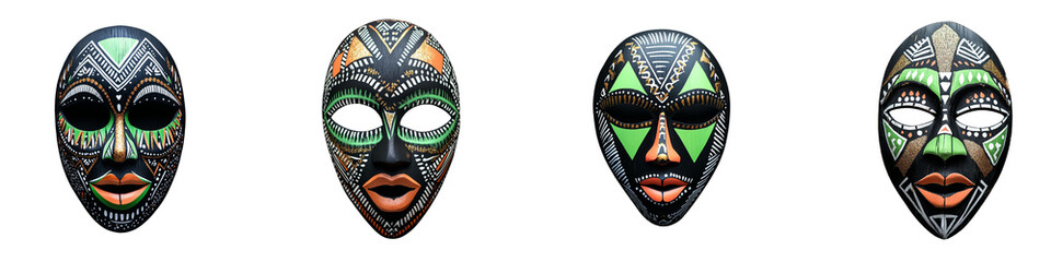 Four masks with green and black designs