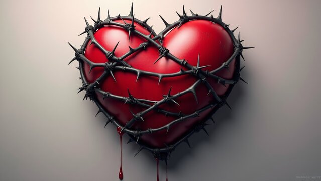 A crimson heart encased in black thorns, with small blood droplets and a soft gray-to-blush gradient background. A visually dramatic yet delicate pattern symbolizing guarded, painful love.