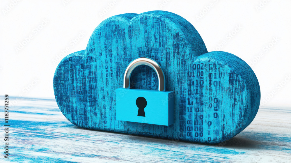 Poster cloud memory, a high-fidelity 3d illustration of a cloud with padlocks, representing security and te