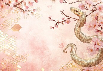 Obraz premium Golden Serpent Among Delicate Pink Cherry Blossoms: A Romantic Watercolor Print