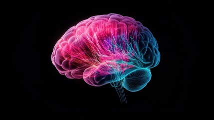 Futuristic Representation of the Human Brain with Vibrant Colors Illustrating Neural Connections and Activity Against a Dark Background