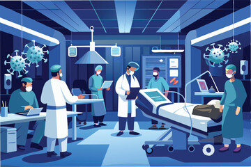 Hospital ICU room with hmpv and covid virus patients, medical equipment, and exhausted doctors, cinematic lighting hmpv and covid virus Clipart Vector