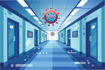 Hospital corridor background with faint hmpv and covid virus icons subtly overlaid, sterile and professional tones hmpv and covid virus Clipart Vector