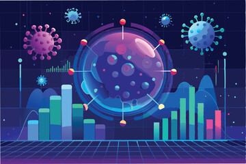 High tech digital background with hmpv and covid virus particles floating among holographic datand graphs, futuristic aesthetic hmpv and covid virus Clipart Vector