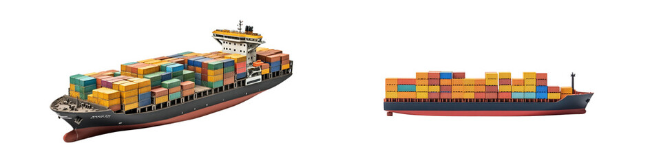 A large cargo ship is shown in two different views