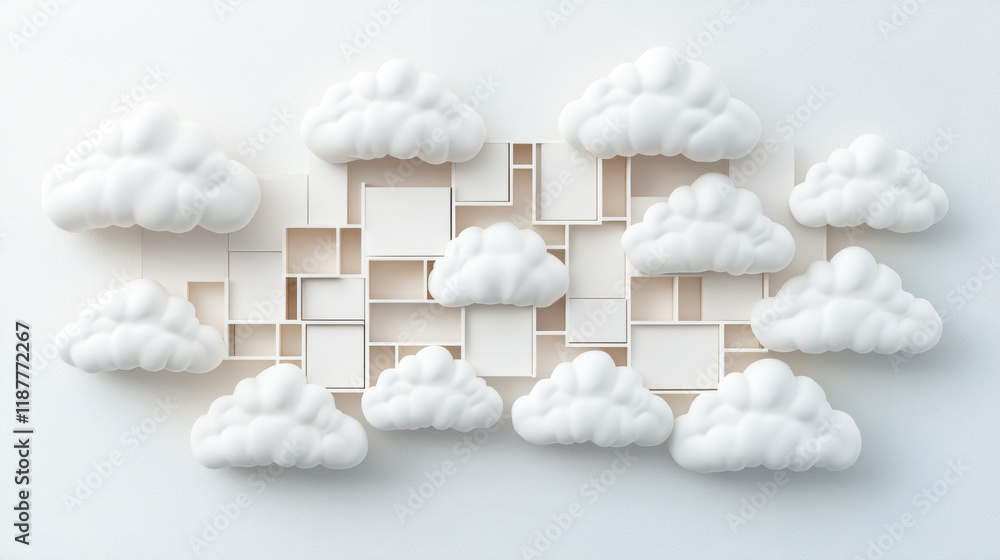 Poster cloud memory, 3d illustration depicting a network of clouds with glowing effects, suitable for high-