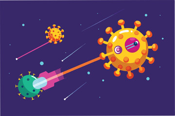 Naklejka premium Flat design animation of floating hmpv and covid virus particles being zapped by lasers, fun and creative vector style hmpv and covid virus Clipart Vector