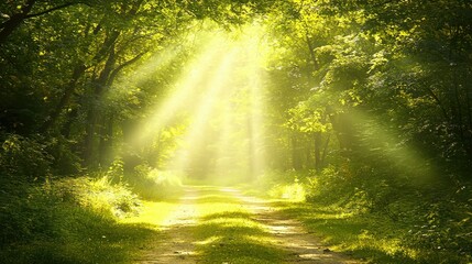 Ethereal Sunlight Illuminating Forest Pathway in Tranquil Nature Scene