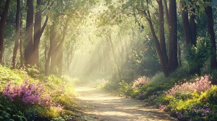 Obraz premium Serene Forest Pathway Enveloped in Soft Morning Light and Blooms