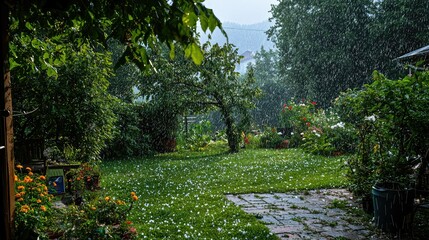 Rainy Garden Scene with Vibrant Flowers and Lush Greenery